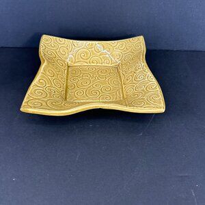 Mustard Yellow Gold Embossed Clay Ceramic Trinket Dish Signed Pottery Tray Bowl